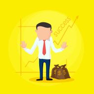 Young businessman with money bag and success graph