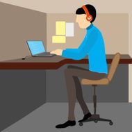 Young business man with laptop and headphone
