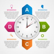 Abstract infographic with colorful arrows and clock in the centre