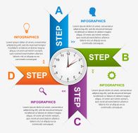 Abstract infographic with colorful arrows and clock in the centre N2