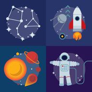 Astronomy flat illustration with book rocket stars and planets