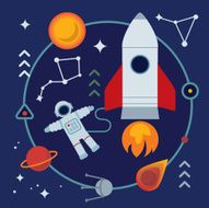 Astronomy flat illustration with book rocket stars and planets N2
