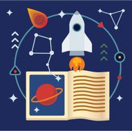Astronomy flat illustration with book rocket stars and planets N3