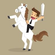businessman riding white horse through obstacles