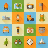 Set of hiking flat icons in modern style