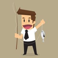 Businessman hand holding fishing rod Fooled of doing business