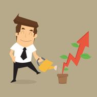 businessman pouring water to grow up rising arrow