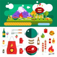Barbecue and Food Outdoor Vector Objects set Outdoor Kitchen or N2