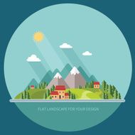 Landscape Houses in the mountains among trees Flat style N5