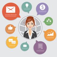 business woman character at office work with icon