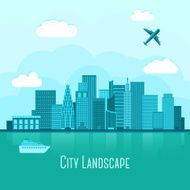 Modern big city landscape with reflection in water With airplane