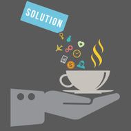 Hand and coffee cup with business icons for solution concept N2