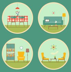 flat set retro living room interior vector illustration