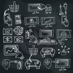 Doodle scheme seo communication with icons Chalkboard N2