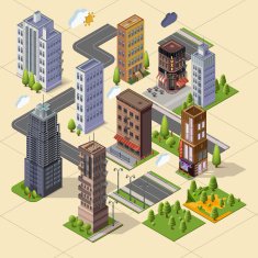Isometric skyscrapers and office buildings houses roads