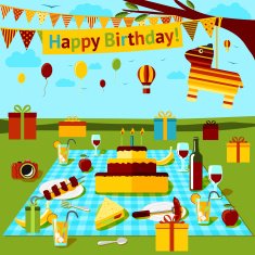 Happy birthday picnic poster with different food and drink presents