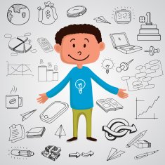 Happy man with various business infographic elements
