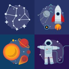 Astronomy flat illustration with book rocket stars and planets