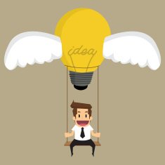 businessman sitting on a swing light bulbs brain power