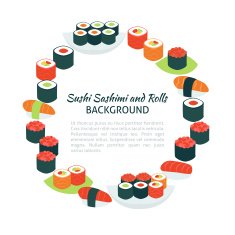 Flat Style Vector Circle Template Collection of Food Sushi Sashi