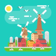 Colorful farm landscape scene in flat design