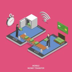Mobile money transfer flat isometric vector