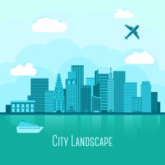 Modern big city landscape with reflection in water With airplane