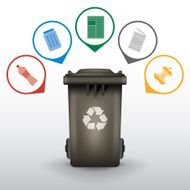 Recycle trash bin with garbage icons vector set
