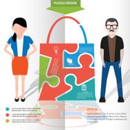 Shopping bag puzzle and character info graphic design clean vector
