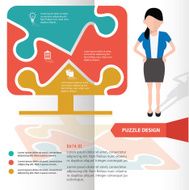 Desktop puzzle and character info graphic design clean vector