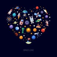 Heart flat design composition of space icons and infographics elements
