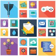 Colorful flat business and finance icons with long shadow