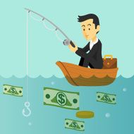 Businessman is fishing money Vector flat illustration