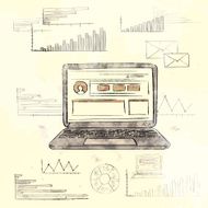 Retro Laptop with Grunge Finance Chart Old Paper