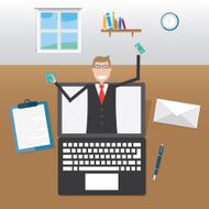 Businessman in laptop screen with money
