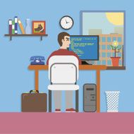 Workplace Room with Programmer and Website Code vector