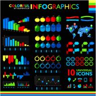 Colorful infographic set on black background and 10 universal icons