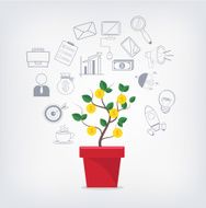 Money tree in red pot and business icons set