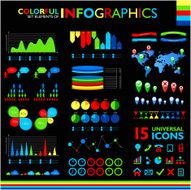 Colorful infographic set on black background and 15 universal icons