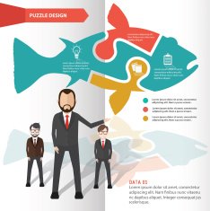 Fish puzzle and character info graphic design clean vector