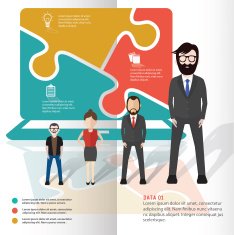 Laptop puzzle and character info graphic design clean vector