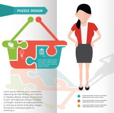 Basket puzzle and character info graphic design clean vector