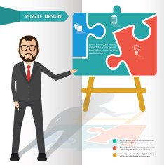 Blackboard puzzle and character info graphic design clean vector
