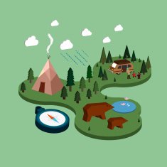flat 3d isometric camping life illustration
