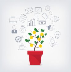 Money tree in red pot and business icons set