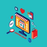 Flat 3d isometric design Shopping online Successful business e-commerce concept