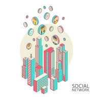 Conceptual image with social networks Flat isometric