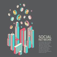 Conceptual image with social networks Flat isometric N2
