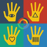 bright colored hand with sign in trendy flat style