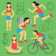 Vector women fitness and bodybuilding flat icons set